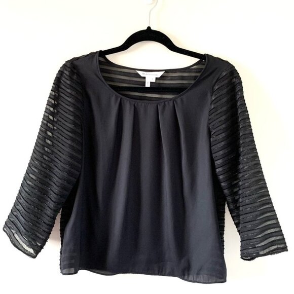 BCBG Women’s Blouse Sheer Striped Sleeve Top 3/4 Length Sleeve Black Size Small - Picture 2 of 11